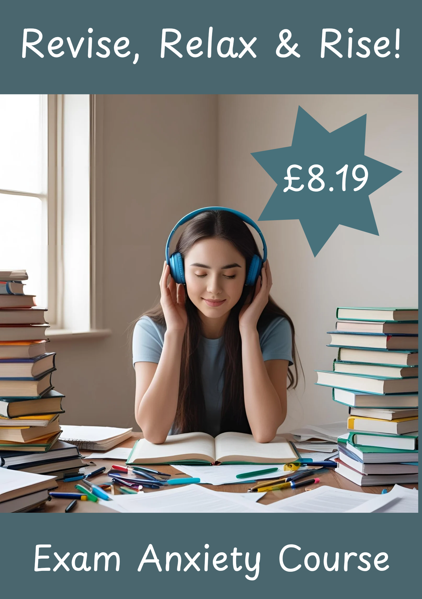 exam anxiety course - a student listens to the audio while surrounded by text books
